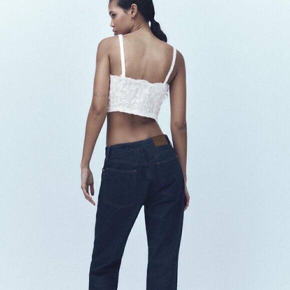 NWOT Zara White Tulle Eyelet Lace Tie Front Crop Top, Size Small - Picture 6 of 15